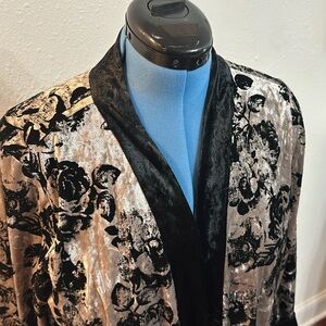 Bob Mackie crushed velvet silver and black floral print sweater.